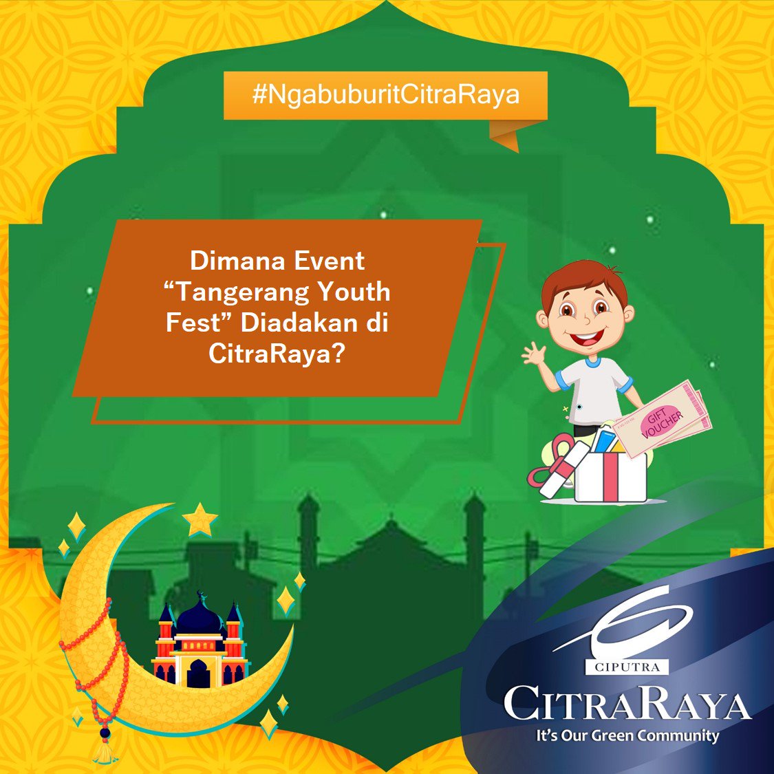 Ini dia kuis #NgabuburitCitraRaya hari ini:

Silahkan dijawab dengan benar :)

- Kuis ditutup jam 9 malam ini
- RT kuis sebelum menjawab
- Mention 5 teman