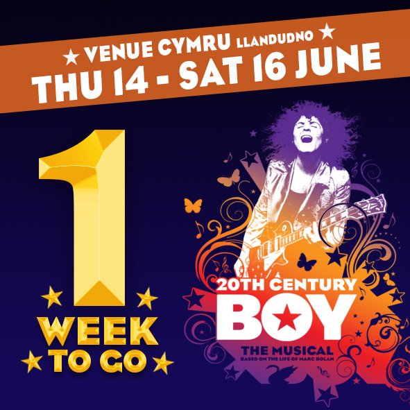 *** WYTHNOS NESAF ***
Gan gynnwys rhai o’r caneuon roc gorau erioed, mae <a href="/20thCenturyBoy4/">20th Century Boy</a> yn adrodd stori Marc Bolan a’i fand enwog T.Rex.

Tocynnau: venuecymru.co.uk/cy/20th-centur…