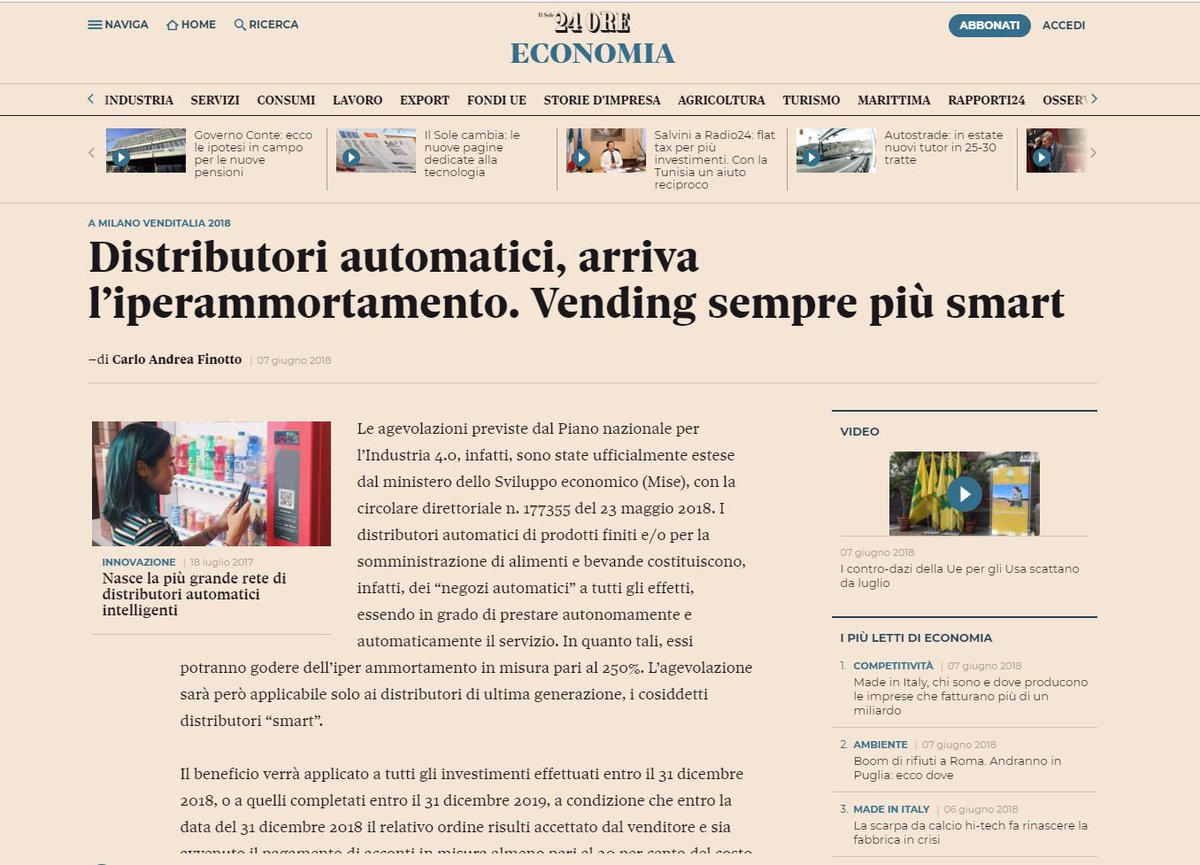 SITAELspa's tweet photo. @sole24ore su #iperammortamento e Industria 4.0 nel settore #Vending #Machines per #Distributori #Automatici #Smart con tecnologia di connettività https://t.co/PeQk2OeQID - https://t.co/a6ymRg7ZXF https://t.co/In1CecM1D5