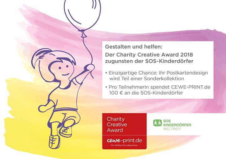 Du bist #Designer oder Illustrator? Dann mach mit beim Charity Creative Award von CEWE-PRINT.de! Reiche bis zum 30.08. einen Postkarten-Entwurf zum Thema "Glücksmomente für #Kinder" ein. Pro Teilnehmer spendet 100 € an die SOS-Kinderdörfer!  sos-kd.de/2knNj2G