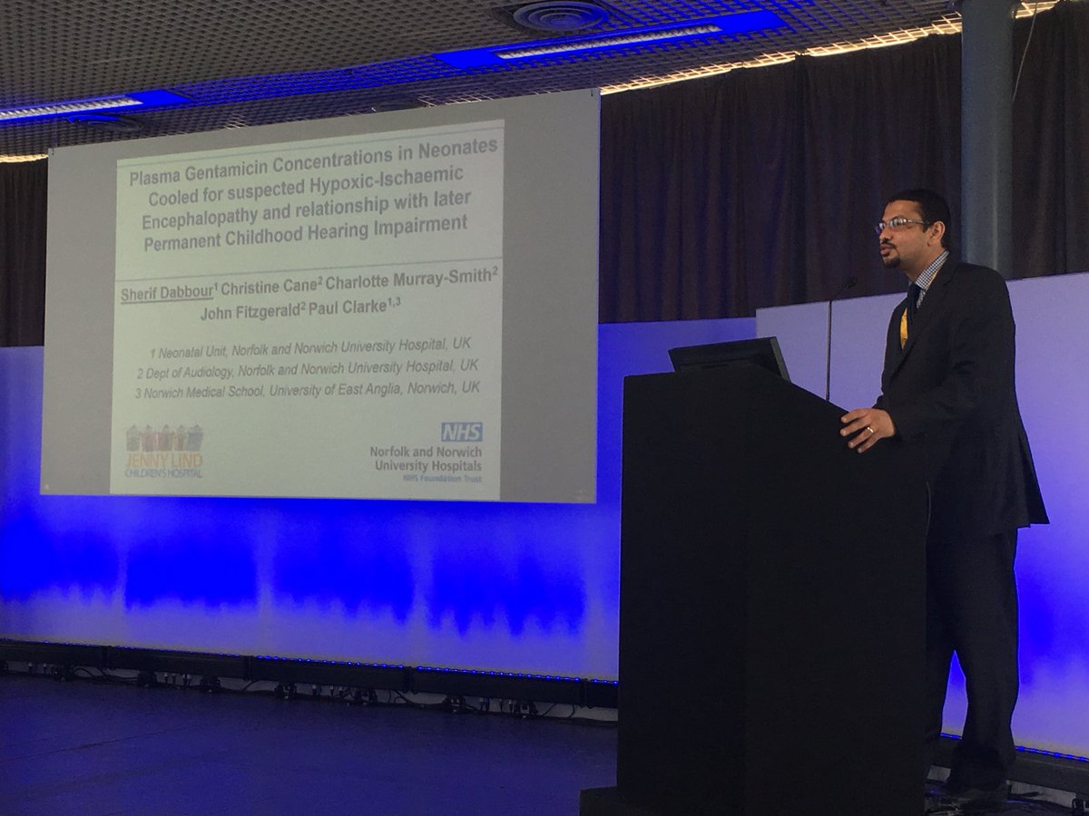 drpaulclarke's tweet photo. Risk of deafness with raised gentamicin in largest cohort of cooled HIE babies to date. @SherifDabbour presenting data at #heal2018 Lake Como on behalf of our NICU and Audiology Depts @NNUH #hearing #hearingloss https://t.co/pXJiSiC9rt