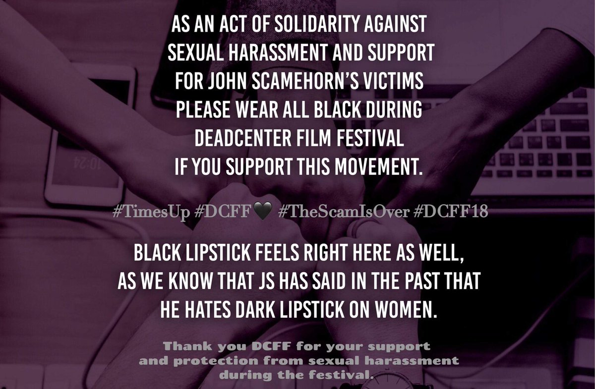 gabriellevreyes's tweet photo. If you agree and stand with this movement please join us in wearing black during the @deadcenter Festival. #TimesUpOK #TheScamIsOver #dcff18 #DCFF #DeadCenterFilmFestival #MeToo https://t.co/G32XVqw4xF