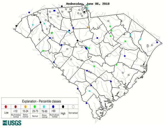 NWSColumbia's tweet photo. #Alberto rains continue to benefit #sc #ga as #streamflows are above normal and area remains #drought free. @DroughtGov @SCDNR @SERCC https://t.co/PhXj6Bw4vu