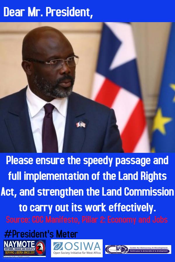 LiberiaDecides's tweet photo. Dear President George Weah,
Please ensure the speedy passage &amp; full implementation of the Land Rights Act, and strengthen the Land Commission to carry out its work effectively. Source: CDC Manifesto,Pillar 2:Economy and Jobs. #PresidentMeter @Aaron2bright, @DJarwolo, @joshcleon https://t.co/Aab0UOv6tj