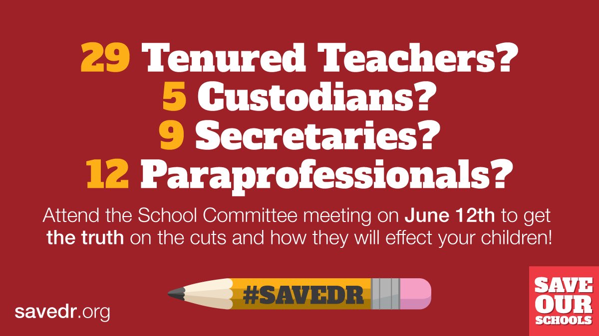 MassSOS's tweet image. The next School Committee Meeting is on June 12th. The budget, program cuts, and more will be discussed. Will you be there to support our schools and the DRRSD’s teachers?

RSVP here ➡️ facebook.com/events/4030841…