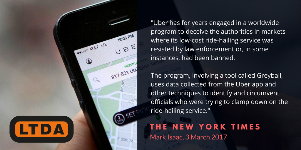 TheLTDA's tweet photo. Uber admitted it used its controversial Greyball software to evade regulation and law enforcement. What else could they be hiding from TfL? #realcostofuber https://t.co/9aPCvoJiYv