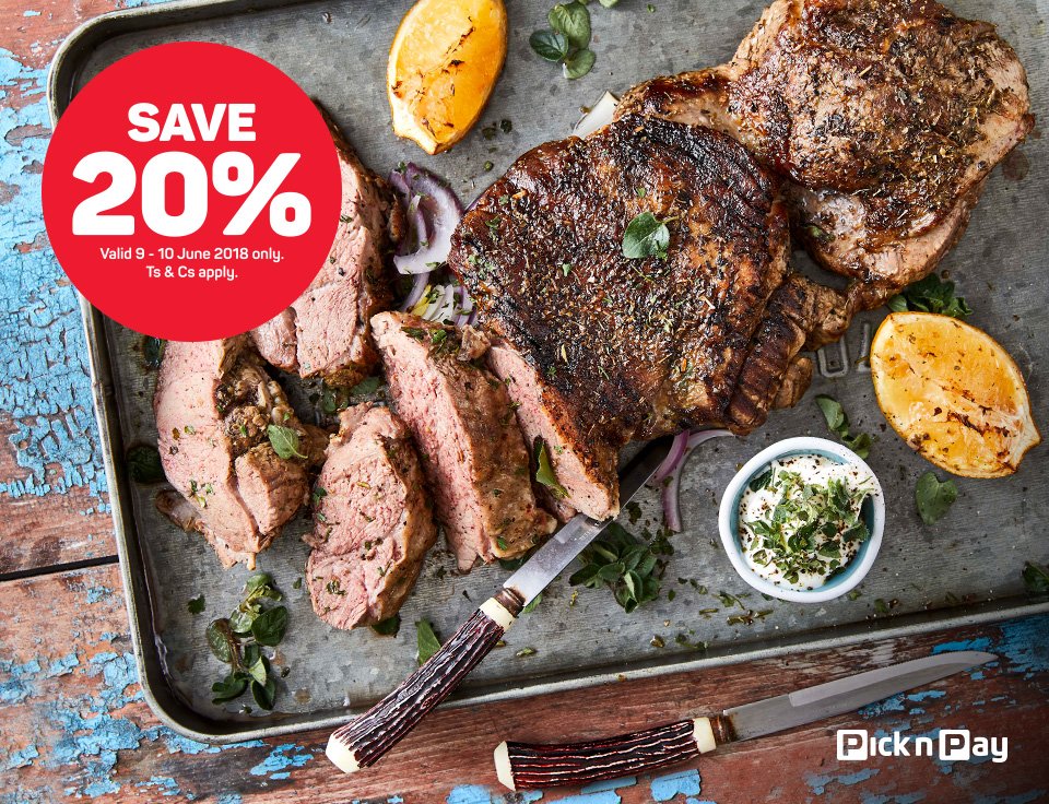 PicknPay's tweet photo. To beef or not to beef? That’s not even a question. On Saturday 9 and Sunday 10 June 2018, buy any 2 beef products from our butchery (2 of the same or mix &amp; match) and get 20% off! 🍖 🍖 (Excludes biltong &amp; dry wors). https://t.co/w7bswGoC4j