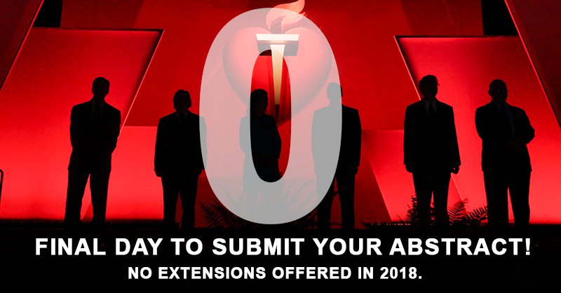 TIME IS RUNNING OUT! 

Abstract submissions for #AHA18 close at 11:59pm CST TONIGHT! No extensions offered. bit.ly/AHAAbstracts

#Chicago #CardioTwitter #cardiology #Cardiologist #heartdoc #heartdocs #heartfailure #heartdisease #cardiovascular #CVD #cvNurse #heartnurse