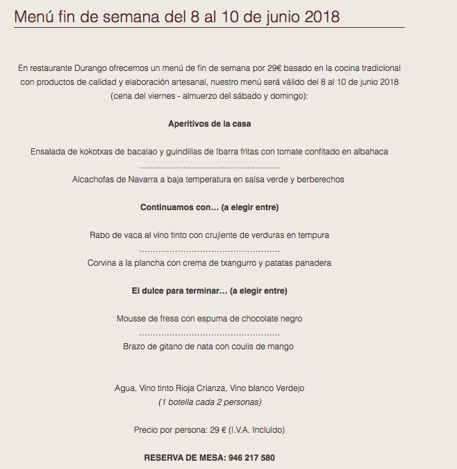 GHDurango's tweet photo. Ya disponible nuestro #menúfindesemana. #ensaladadekokotxas, #rabodevaca #moussedefresa.
https://t.co/jpRnSScWwS https://t.co/fFIpra8T7p