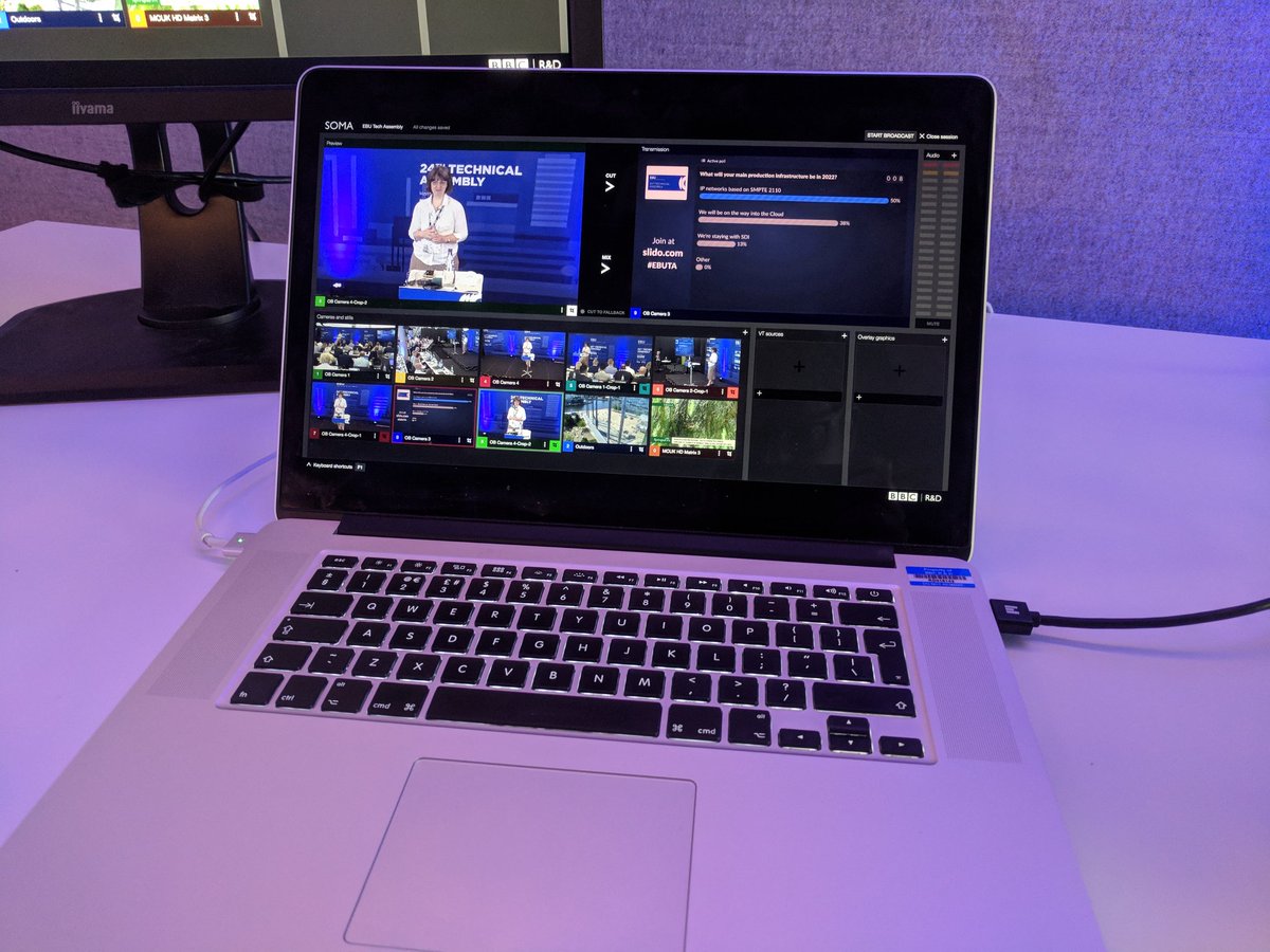 cnorthwood's tweet photo. Look ma, no wires! Vision mixing #EBUTA from a laptop with remote IP production with @BBCRD IP Studio tech. Can be controlled from anywhere, over wi-fi, at broadcast quality. https://t.co/j7rrNjftiA
