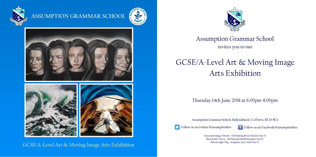 AGSART1's tweet photo. Assumption Grammar School invites you to its annual GCSE/A-Level Art & Moving Image Arts Exhibition on Thursday 14th June 2018 @ 6pm until 8pm #fully_Alive #Art_Students #GCSE #A_Level #Moving_Image #Exhibition https://t.co/3dHeJdmiMq
