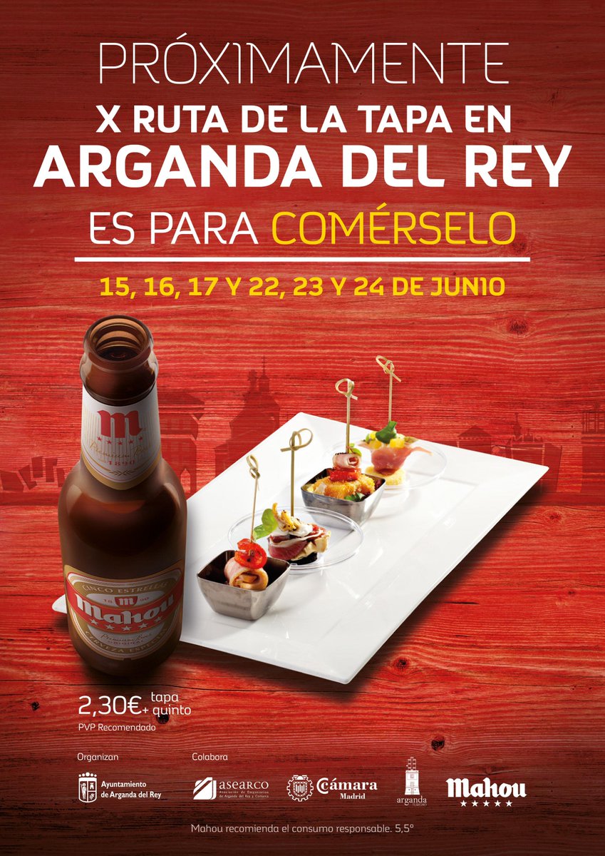 Arganda_Ayto's tweet image. Los próximos días 15, 16, 17, 22, 23 y 24 de junio se celebrará la X Ruta de la Tapa de #Arganda, donde participarán un total de 16 establecimientos
goo.gl/2iijsB