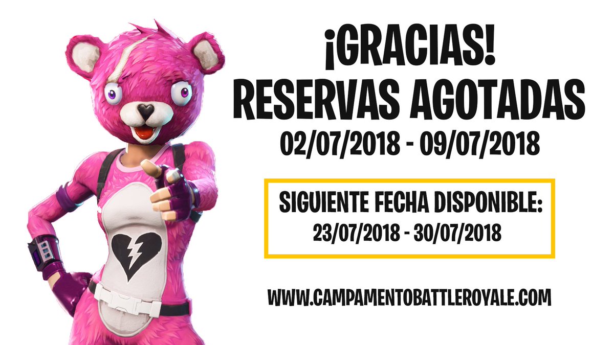 kmpBattleRoyale's tweet photo. ¡Mil Gracias! Hemos agotado las reservas de la Primera Semana. ¿Quieres venir a nuestro campamento? Tranqui, que hemos habilitado otra semana para que puedas venir ;)

Reservas en: https://t.co/h5WTElRjKg https://t.co/xaRUnRIoGl