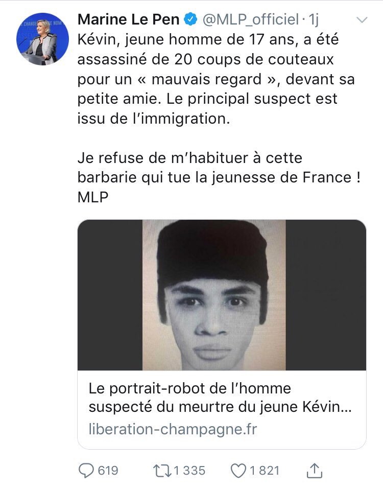 wolfFaty19's tweet photo. Ba alors @MLP_officiel on apprend que le tueur n’est pas issu de l’immigration mais bien de souche on supprime son tweet? On ne commente plus? On condamne plus? C’est pourtant la meme mort. #Fachosphere https://t.co/psmo6RwNZ5