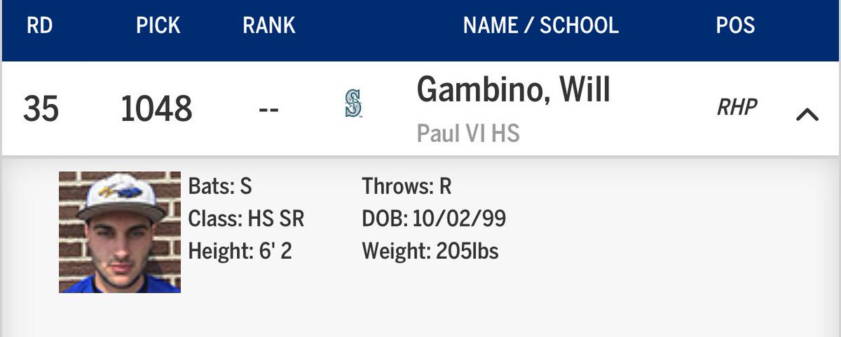 TWIBaseballSJ's tweet photo. Congrats @willgambino24 @PaulVI_baseball selected 35th Round by @Mariners #mlbdraft18 https://t.co/uz680qIinr