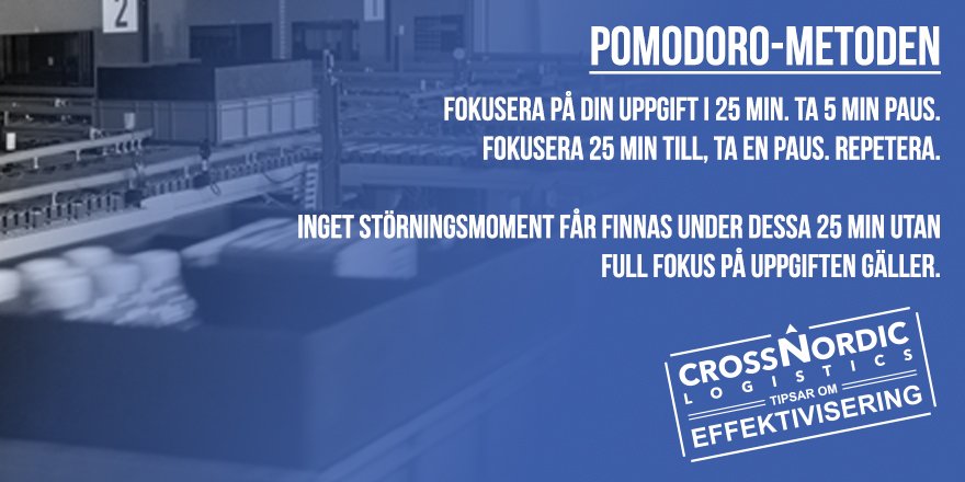 Hört talas om Pomodoro-metoden? Ett väldigt bra sätt att arbeta mer effektivt genom att totalfokusera på en sak för att sedan ta en kortare paus och inte tänka på uppgiften för att sedan fokusera fullt igen. #veckanstips #ehandel #3pl #automatisera #logistik #automatlager