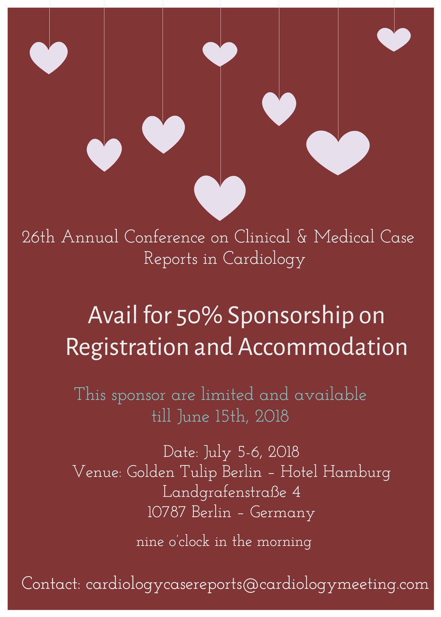 cardiocase's tweet photo. 50% discount available on registration and accommodation at #Cardiocasereports 2018 conference in #Berlin https://t.co/Vv8fcxYF6n