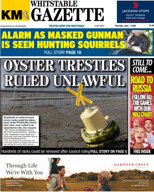 WhitstableKM's tweet photo. Hundreds of oyster trestles ruled unlawful, 'masked gunman' spotted on village green, inquest reveals 101-year-old's missed prescription, and crowds flock to @Whitbienn arts festival - all in this week's Whitstable Gazette. https://t.co/laxAwQFpsf