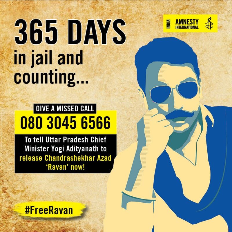 sardesairajdeep's tweet photo. It’s one year now since Bhim Army leader Chandrasehkhar Azad was jailed; no charges yet but he remains imprisoned under draconian NSA because he is politically potent! And no one will speak out in Govt or oppn! Deserves his freedom! https://t.co/XTyTnK7psk