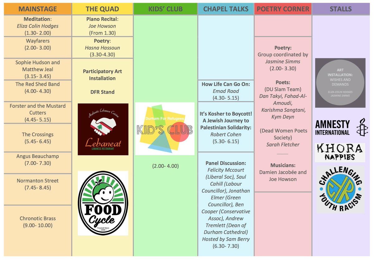 Presenting.... the <a href="/DurhamRefugees/">Durham for Refugees</a> Festival sched! 2 days to goooo ✨✨
