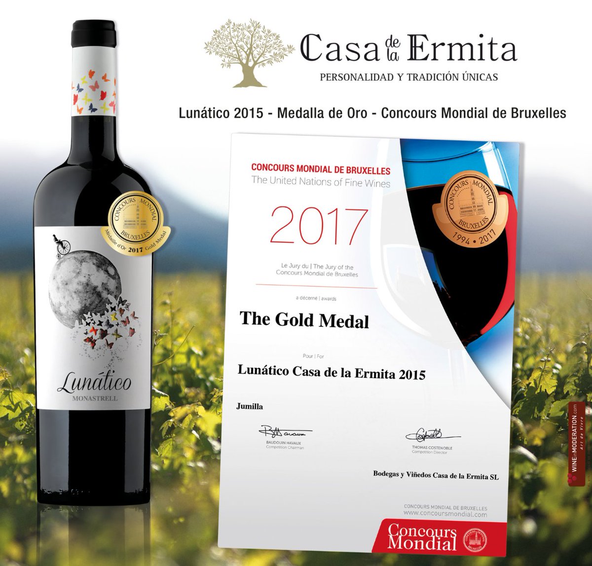 El vino Lunático 2015 de Casa de la Ermita ha obtenido una Medalla de Oro en el Concours Mondial de Bruxelles.  Un tinto crianza de 12 meses en roble francés; un vino fresco, mineral, sabroso, elegante y equilibrado. 🎖🍇 🍷ow.ly/26GT30kmzkm
