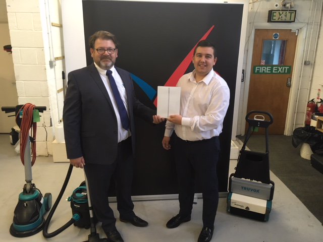 TruvoxInt's tweet photo. Lewis is the lucky winner of Truvox's #interclean2018 competition, receiving an iPad! #truvoxinterclean https://t.co/6OMRIGP6p4