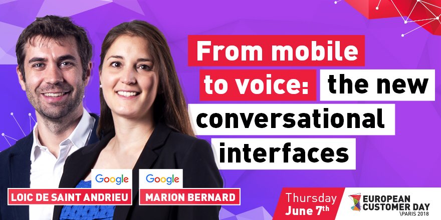 Sitel_Nederland's tweet photo. In their exciting keynote at #ecd2018, Marion Bernard, Head of B2B, and Loic de Saint Andrieu, Mobile Evangelist, from @Google explore technologies that enable brands to tap into the power of #ConversationalExperiences https://t.co/l6Z1EOgqO8