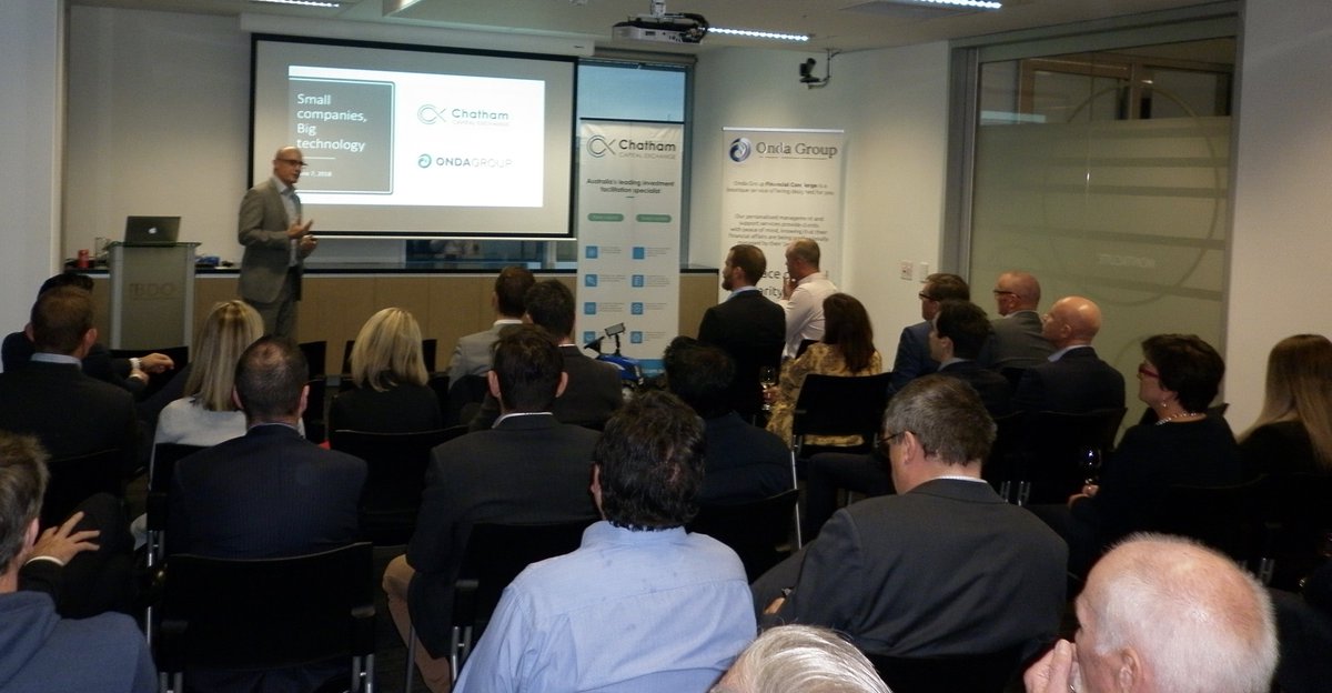 ChathamCapital's tweet photo. A fascinating night with our clients and co hosts #Ondagroup & #BDO hearing how #MineMax, #Platfarm, #Augmentspace & #Silentium are literally changing their customer's business models via #technology. Thanks also to #Revolverwines who are also challenging old business models. https://t.co/1NMkU20CKs