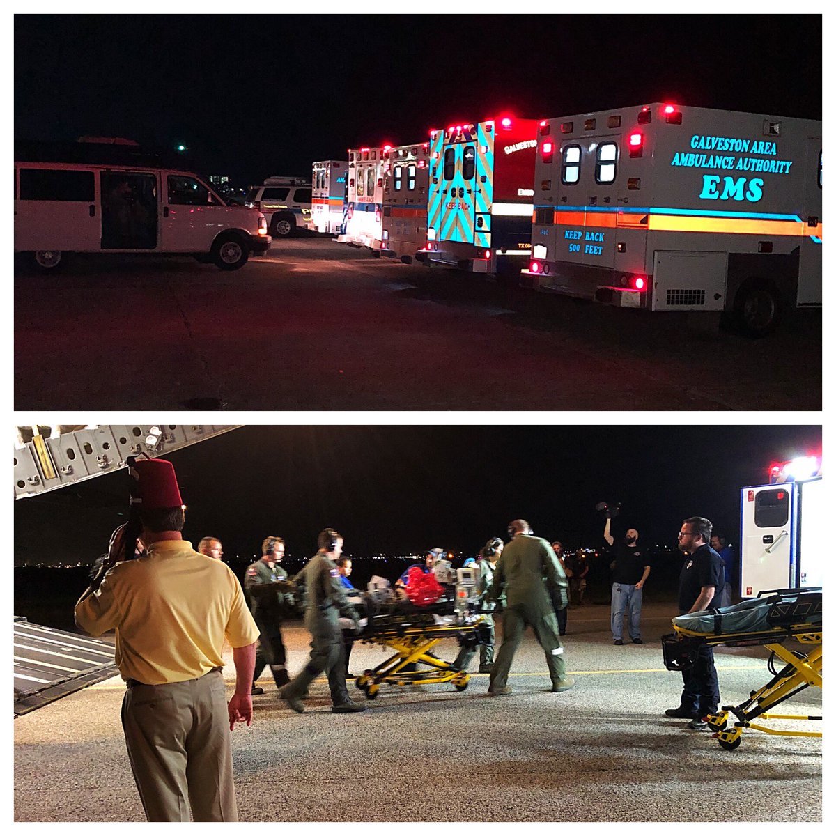 shrinershosp's tweet photo. Military and @shrinershosp medical teams arrive in #Galveston from #Guatamala with 6 children severely injured in #FuegoVolcano eruption. They are being transported to Shriners Hospital in Galveston. https://t.co/0bDXJpvBpM