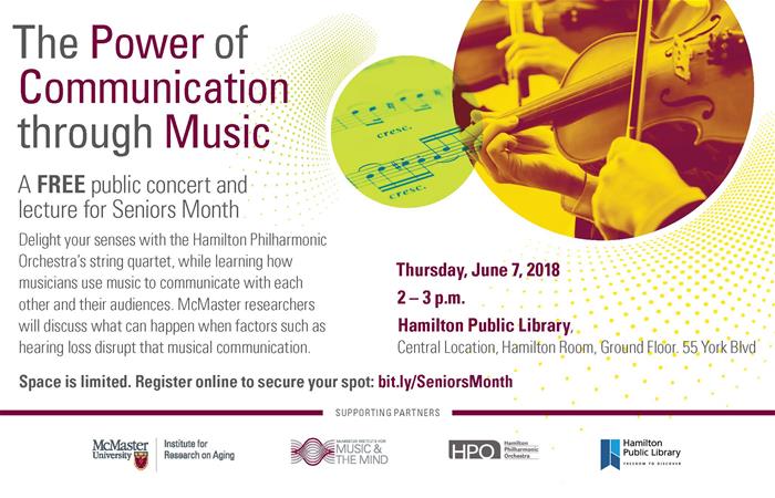 HamiltonLibrary's tweet photo. TODAY! We're celebrating #SeniorsMonth with a free concert &amp; lecture with 
@McMasteResearch @musicandthemind @H_P_O Plan at 2pm, #HPLCentral to learn how #music moves &amp; connects us. #HamOnt #HamArtsWeek #MusicLivesHere https://t.co/3l0FEqIB1l https://t.co/sr3dNbt1ng