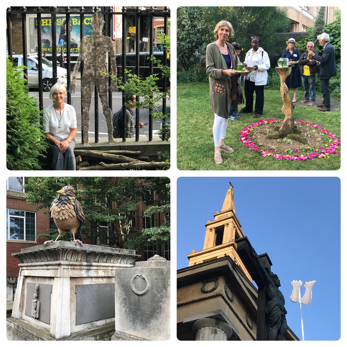 BarkerRos's tweet photo. Beautiful evening and generous hospitality for launch of ‘Nothing Endures but Change’ last night. 
Opp Waterloo station do see this gem of a church garden with over 30 ephemeral sculptures by @TheLondonGroup1 &amp;Friends. Curated by Susan Haire.
Me &amp; part of ‘us’. @Waterloofestiv https://t.co/9FiVwPXfGq