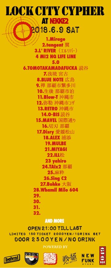 LOCKCTY's tweet photo. 【LOCK CITY CYPHER】
本日"エントリー者"32名先行順にて決定致します!!!

※エントリーの追加発表は致しません。
※当日"エントリー者"集合時間※19:30になります
その際に"クジ引き"にて対戦相手を決めます
※やむを得ない理由・事前連絡等が無く20:00迄に来れない方は出場資格剥奪となります https://t.co/c5Rnd6Bli9