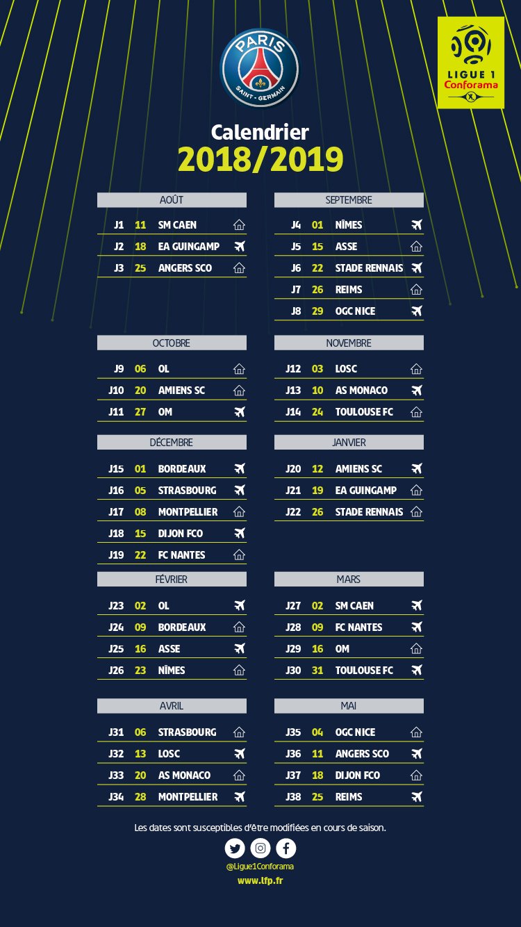 PSG  Le calendrier complet du PSG pour la saison 20182019 de L1