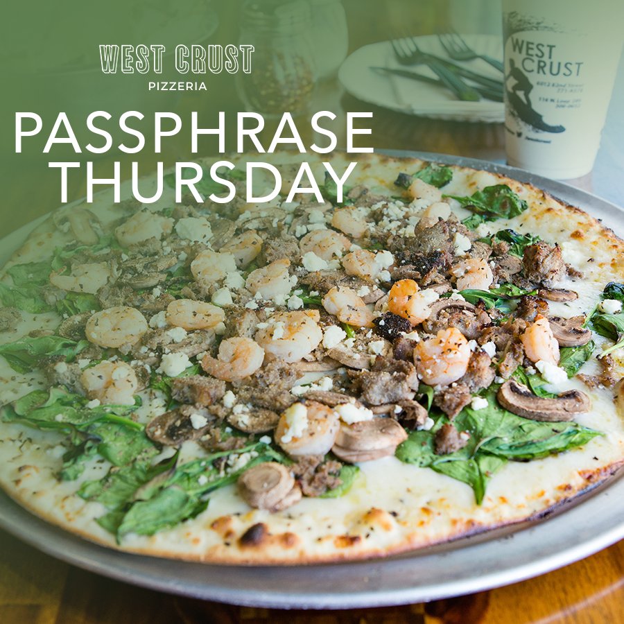 WESTCRUST's tweet photo. It's time for yet another Passphrase Thursday! Get 20% off of your entire West Crust order by saying the passphrase "WEST CRUST HAS A PIZZA MY HEART" at checkout! https://t.co/gsWHkpRQCO