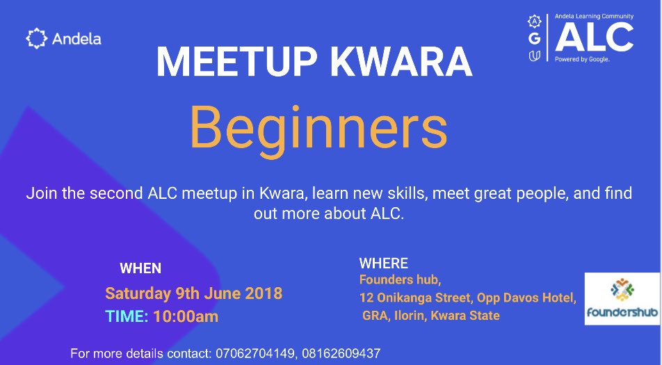 AlcKwara's tweet photo. Hello scholars, 
The ALCWithGoogle3.0 Kwara is ready for the coming meet up 2.0 this coming Saturday. The venue remains the same. Hope to see you all soon.  

@CodeBloodedBee @Andela_Nigeria 
@iamdevesin @ajahdavid 
@foundershubng https://t.co/Sx7ojBurlu