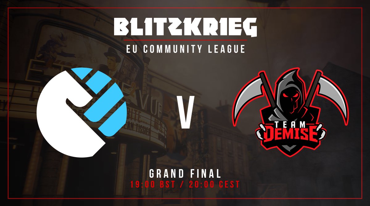 The last 6 weeks all come down to this, the #BlitzkriegECL Season 1 Grand Final!

<a href="/1UPESPORT/">1UP ESPORT</a> 🆚 @teamdemise_ 

🕖 19:00 BST / 20:00 CEST
🖥 twitch.tv/theplaysgg

Who will take home the gold?