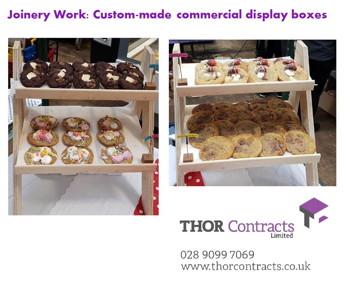 ThorContracts's tweet photo. Some recent work by our creative #joiners.Custom-made display boxes for #commerical client-Cookie King NI 🍪👑#propertymaintenance #facilitiesmaintenance #belfast #handbakedcookies #coffeebreaksorted 🍪☕Call to discuss any #commerical or #domestic #joinery queries you have. https://t.co/1b7vIXN3S9