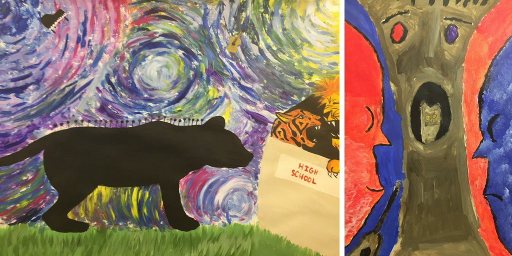 8th grade collaboration - Marc Chagall inspired paintings. #collaborativeart #symbolism #acryllic #poeticimagery