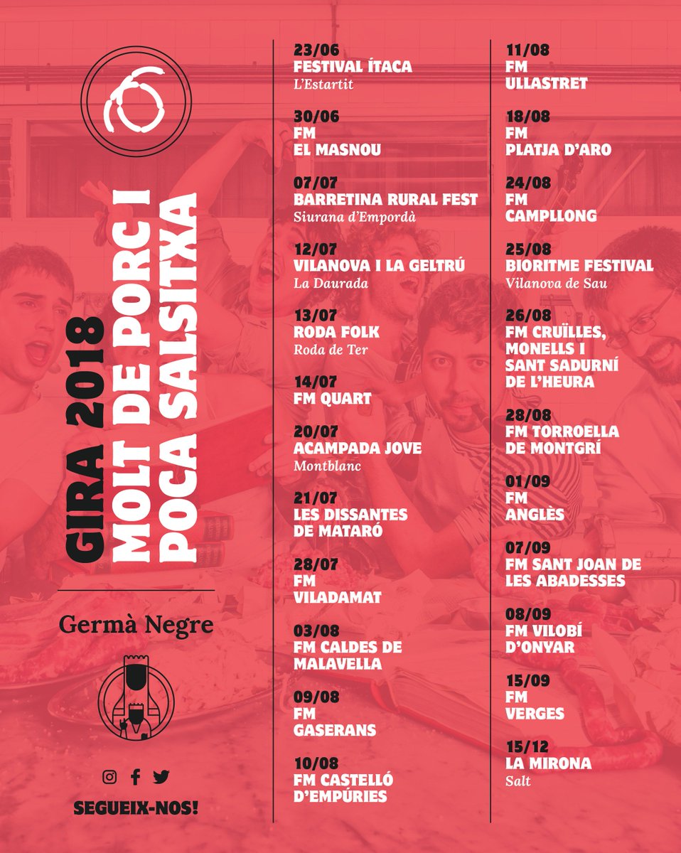Ja us podem anunciar els concerts de la GIRA 2018 "Molt de porc i poca salsitxa". Aneu-los apuntant que en sortiran més!
#moltdeporcipocasalsitxa #gira2018 #viscalafestamajor #aquestanypromet