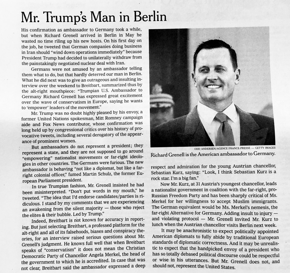 Doppelgeist60's tweet photo. „Mr. Grenell does not, and should not, represent the United States.“ 
Scharfer Kommentar heute auf der Meinungsseite der New York Times. https://t.co/YyqbH9c2Mq
