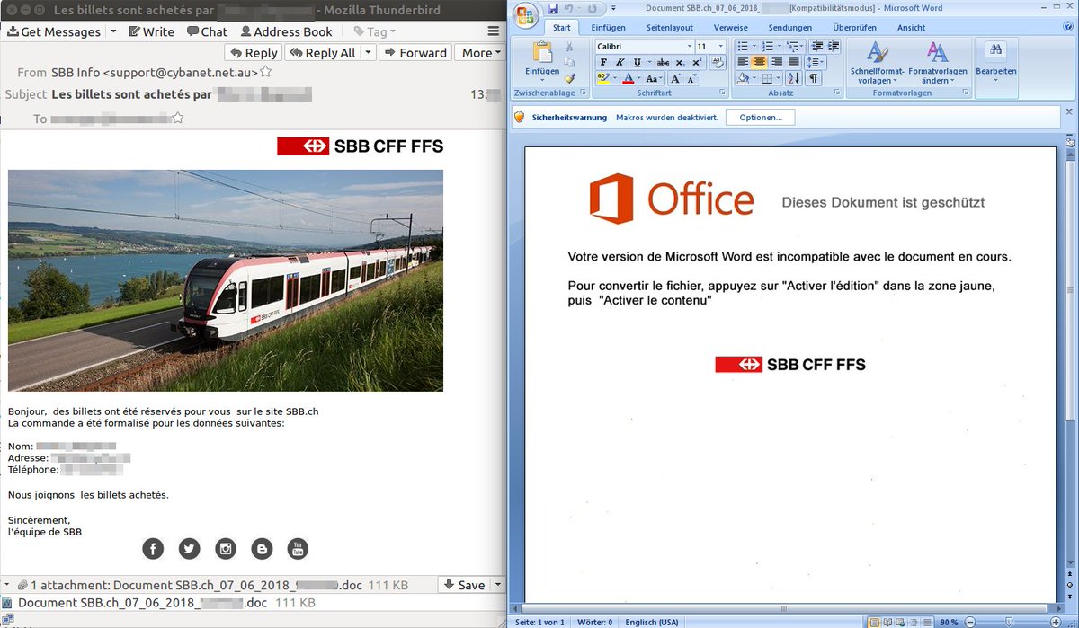 Attention: Des cybercriminels tentent à nouveau d'infecter les ordinateurs des citoyens/ennes par le cheval de Troie eBanking "Retefe". Le prétexte utilisé aujourd'hui est un faux email de la part des CFF.

/cc <a href="/railinfo_sbb/">🚧 Railinfo SBB 🚧</a> <a href="/sbbnews/">SBB Medienstelle</a>