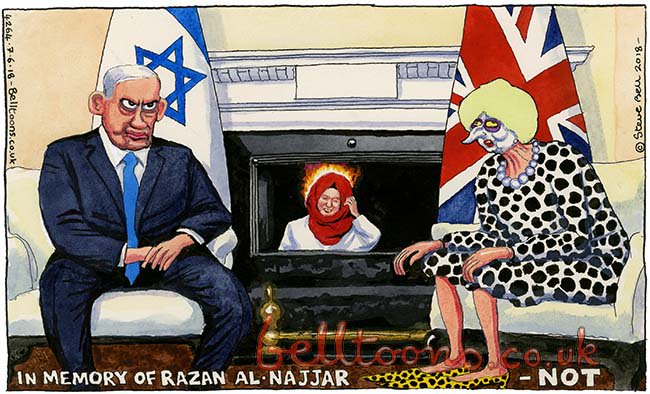 AsaWinstanley's tweet photo. The lousy Guardian's lousy editor @KathViner has censored this Steve Bell cartoon for the crime of criticizing Israel's murder of Palestinian medic Razan al-Najjar. https://t.co/otaGglYF7q