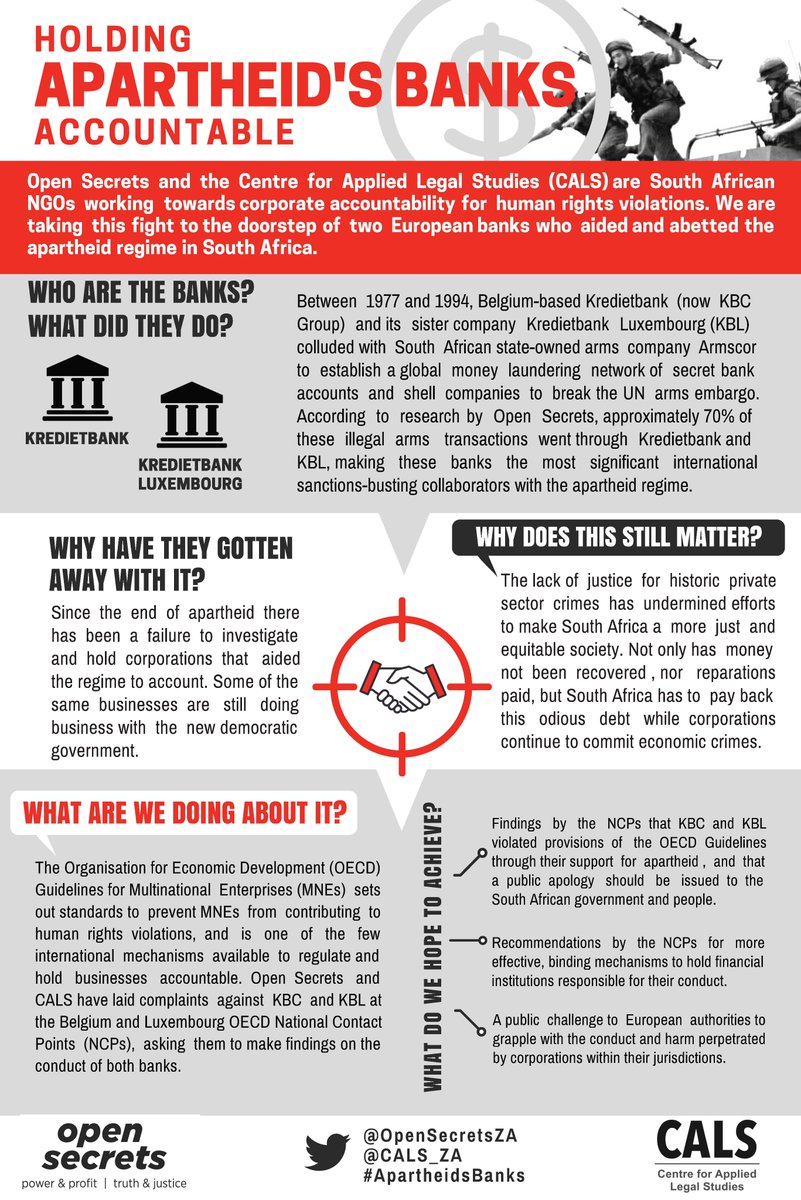 OpenSecretsZA's tweet photo. This factsheet breaks down the @OECD compliant against #ApartheidsBanks by Open Secrets &amp; @CALS_ZA and explains why it is important to hold them accountable for helping the apartheid government buy weapons illegally despite @UN sanctions. @Corruption_SA @r2kcampaign https://t.co/n32TI8exwA