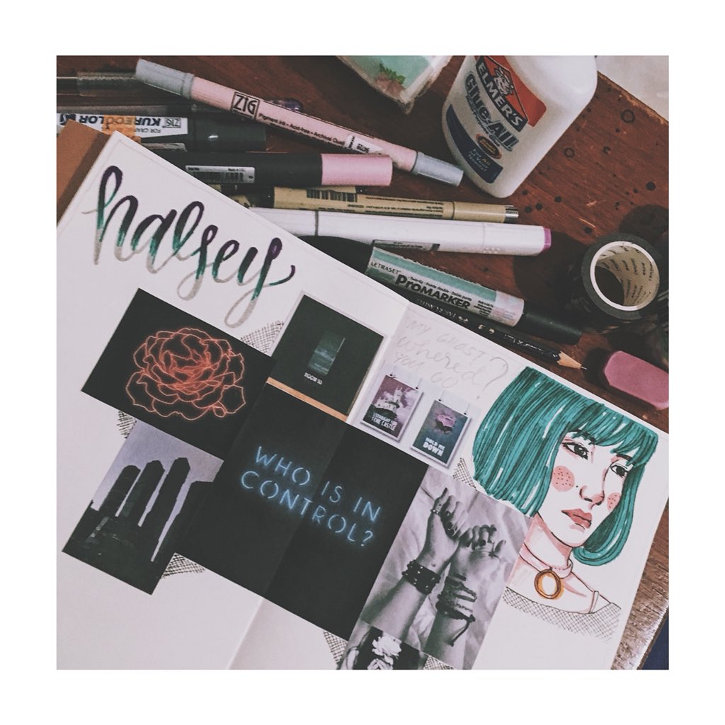 ripeaceminus1's tweet photo. Making my first art spread in this new journal and it’s all about @halsey 💖

#halsey #artph #artspread #lettering #collage https://t.co/1QDgMP3a5u