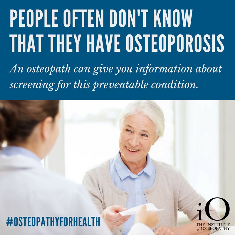 InstOsteopathy's tweet photo. Osteoporosis is a silent condition. People rarely know they have it unless they fall and sustain a fracture. An osteopath can give you information on screening for this preventable condition.  https://t.co/wLFJ1QZVNb  #OsteopathyForHealth https://t.co/NQZ9Pe8D5T