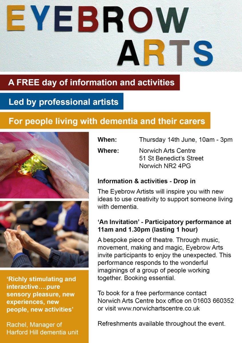 Do you care for someone living with Dementia? Pop along to Norwich Arts Centre on Thursday 14 June 10am – 3pm for our free arts event designed to relax and inspire you and your cared for. Please RT  bit.ly/2kD62rd @NorwichArts #NationalCarersWeek