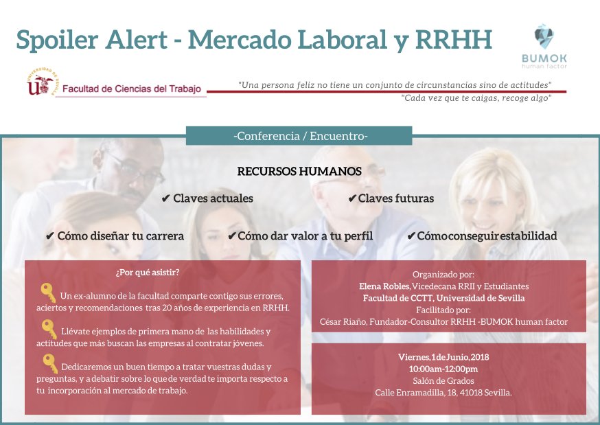 Bumok_HumanF's tweet photo. MERCADO LABORAL y RRHH - ¿Qué me espera en mi upgrade profesional?
Breve vídeo/trailer del encuentro-conferencia de la semana pasada con alumnos de la Facultad de Ciencias del Trabajo de la Universidad de Sevilla #millennials #generacionY #rrhh #empleo
https://t.co/BqF3jNYAP8 https://t.co/wJ2dQaXOmD