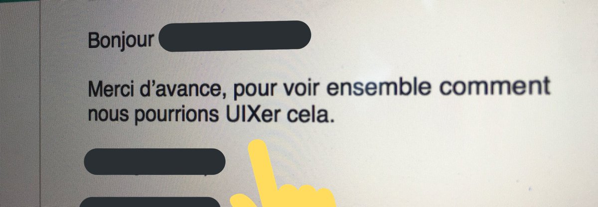 BastiUi's tweet image. Le verbe "UIXer".

J'UIXe
Tu UIXes
Il UIXe
Nous UIXons
Vous UIXez
Ils UIXent