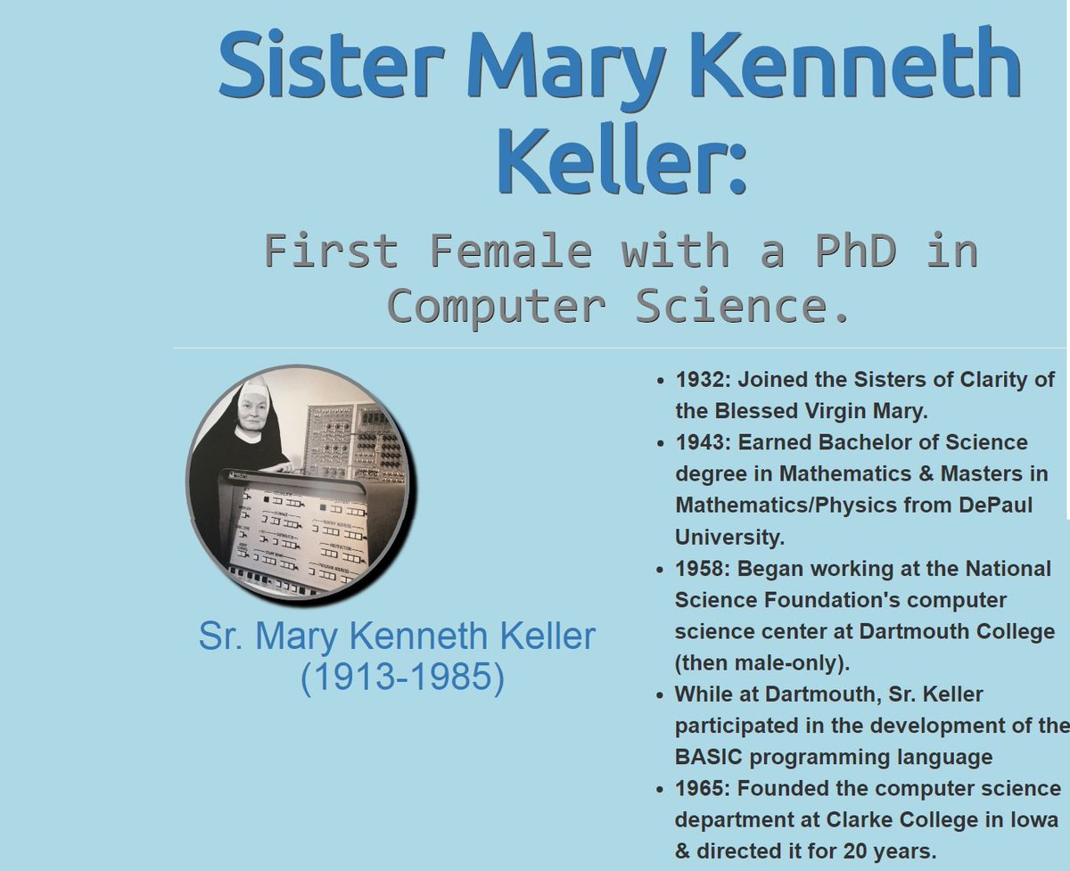 mujeresyciencia's tweet photo. #El7dejunio de 1965 la monja católica estadounidense #MaryKennethKeller se convierte en una de las dos primeras personas – lo hizo junto a Irving Tang – y #primeramujer en doctorarse en #informática en EEUU. Fue también la primera mujer en acceder a la Universidad de Dartmouth https://t.co/cTRmQqV2bo