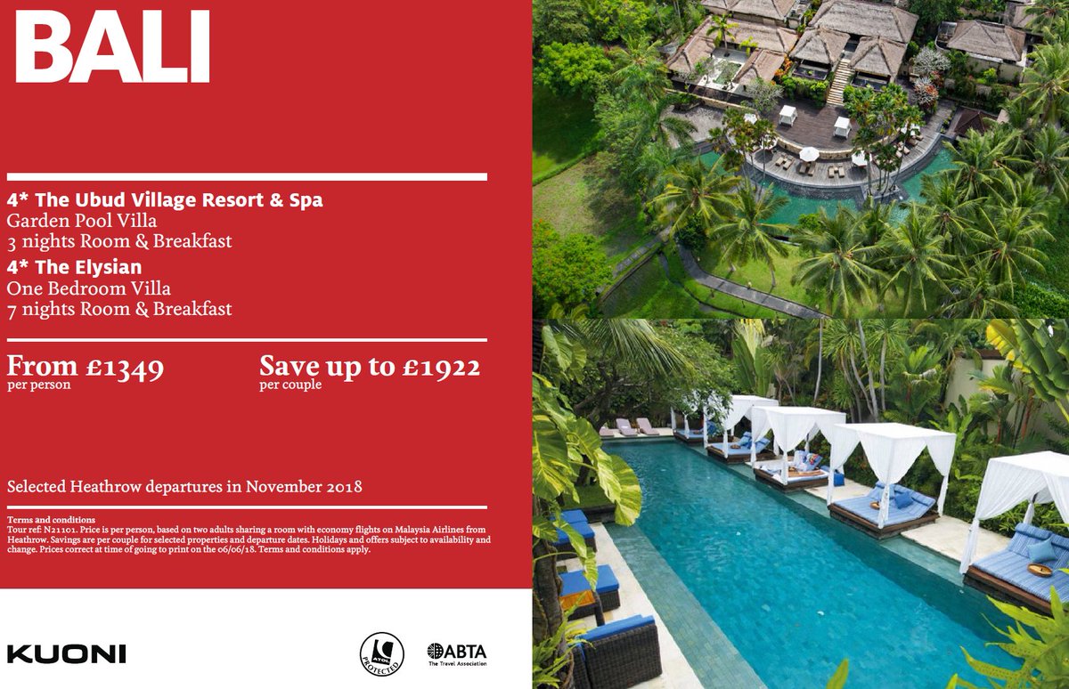 KuoniChichester's tweet photo. Our top deal this week is for beautiful #Bali! Spend 3 nights relaxing in the hills of Ubud before spending 7 nights exploring the beaches and many temples in the south of this magnificent Island.  All from only £1349 per person! https://t.co/F89fLjQLLL